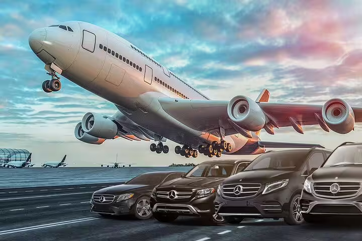 Luxury cars lined up on runway with airplane, ideal for Cairo Airport private transfer service and pickup