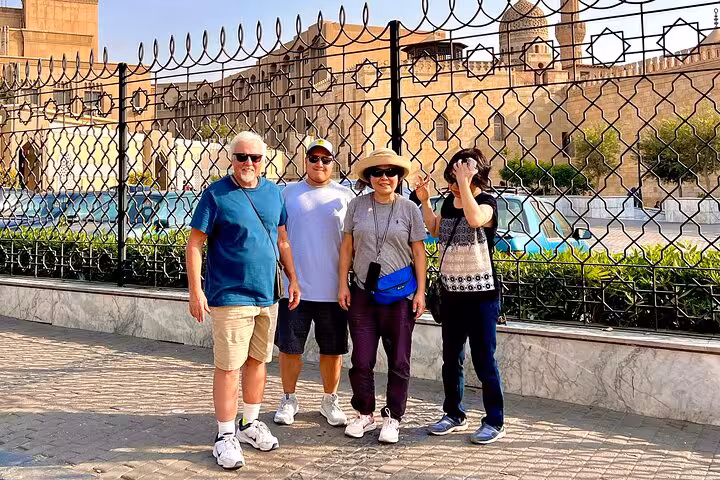 Tour group outside the Egyptian Museum in Cairo on a private airport pickup tour including Coptic Cairo sights