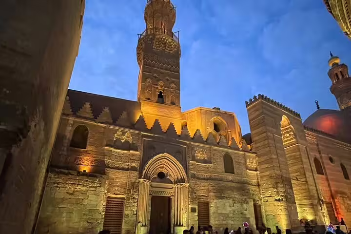 Evening view of Cairo Citadel mosque facade and minaret, highlight of Cairo Citadel and Old Cairo tour