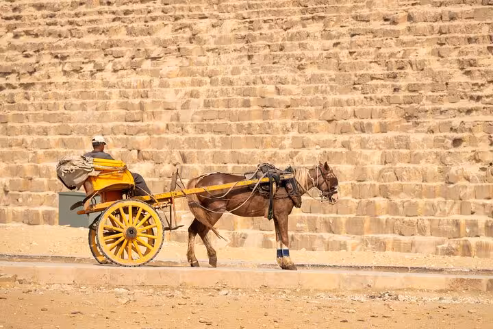 Horse-drawn carriage near the Giza Pyramid complex on a Cairo full-day customized adventure tour with camel ride