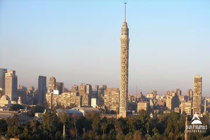Cairo Tower rising over the Nile skyline, key stop on El-Moez Street and El-Fishawy Café tour