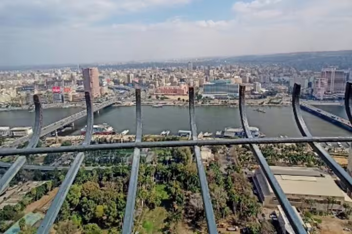 Panoramic Nile River and downtown Cairo view from Cairo Tower observation deck on Manial Palace day tour