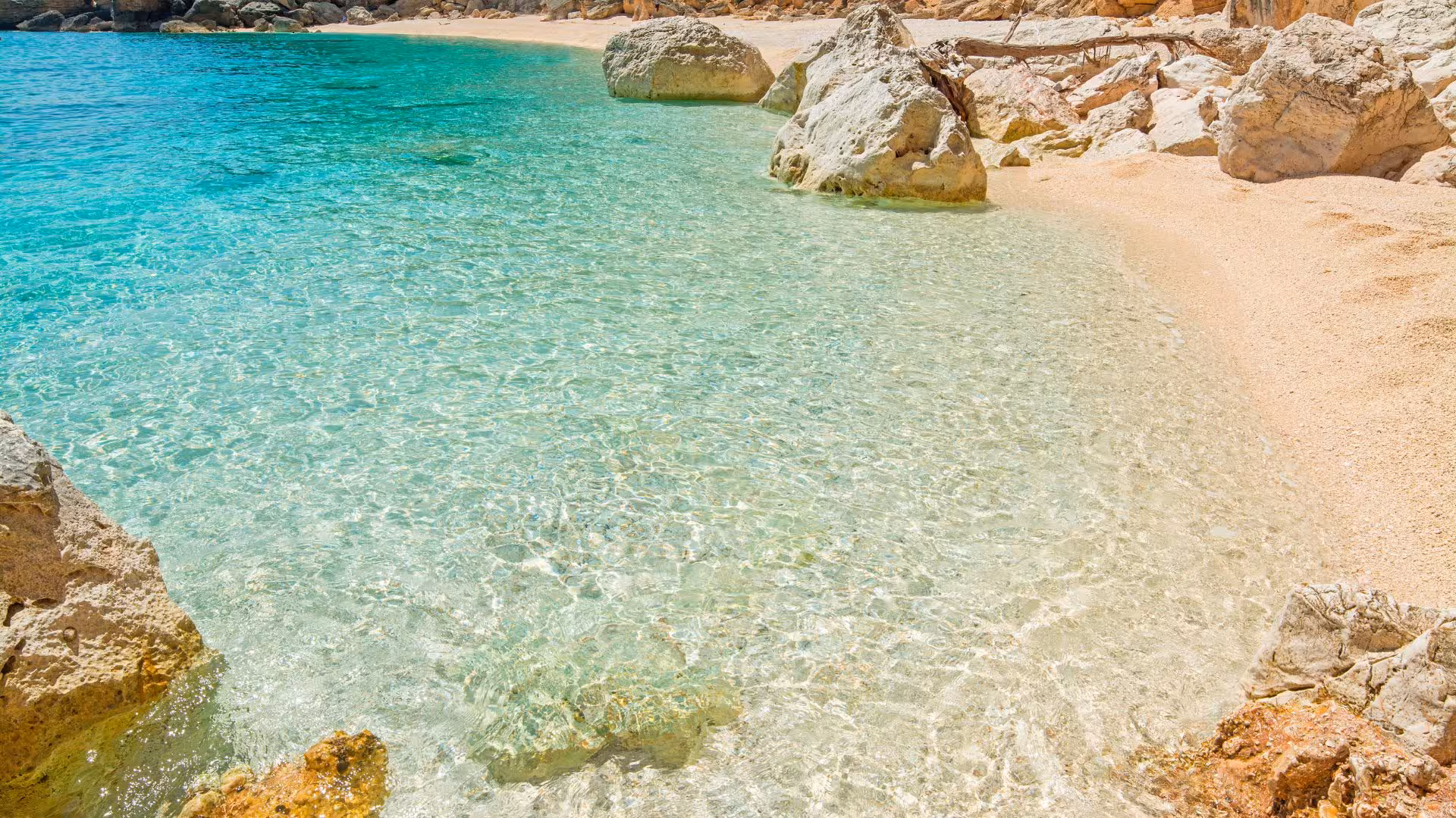 Turquoise waters and sandy beach in the Gulf of Orosei, ideal for a relaxing Cala Gonone motorboat trip.