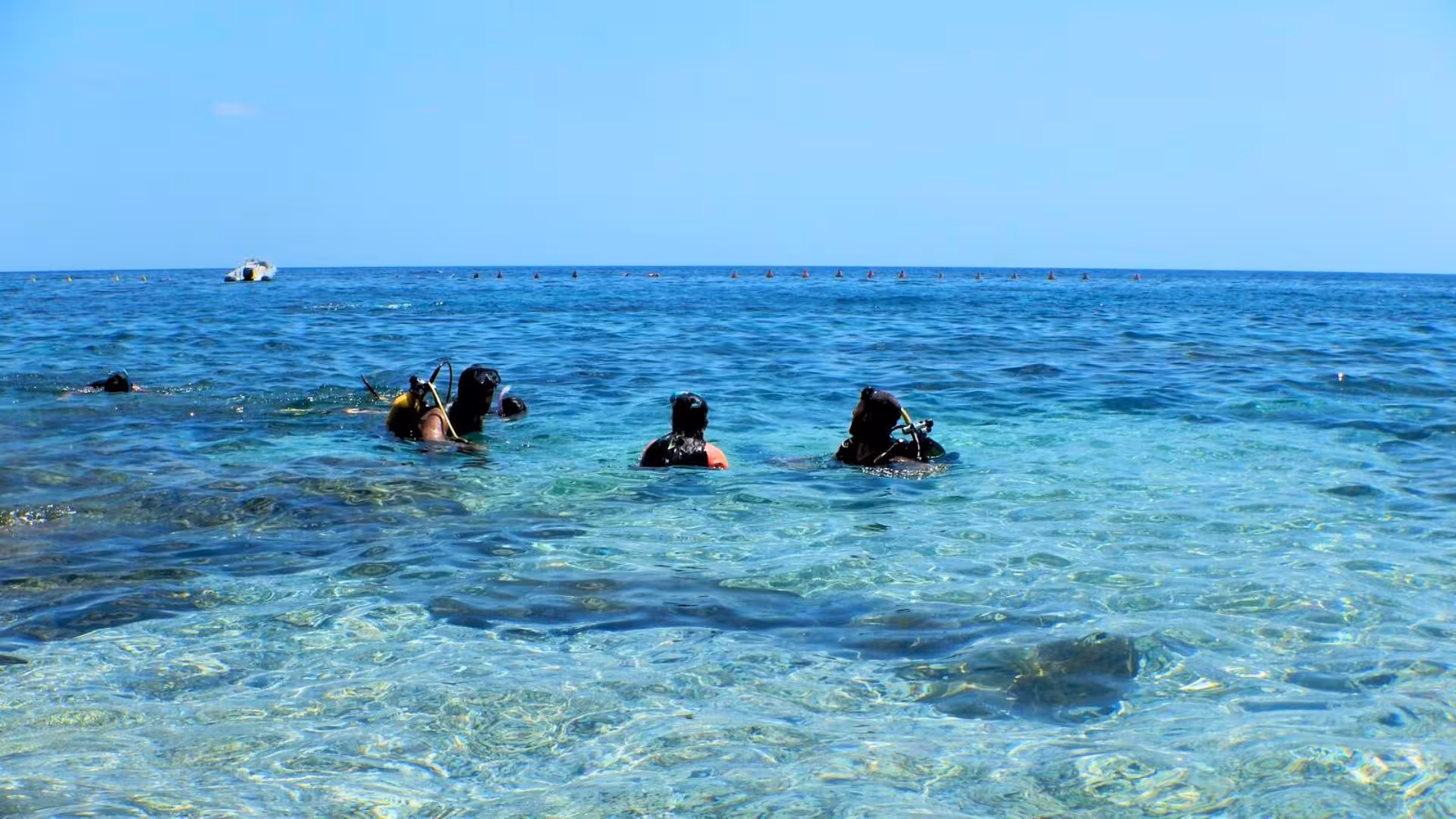 Group of divers in Cala Gonone preparing for an underwater baptism in crystal-clear blue waters.