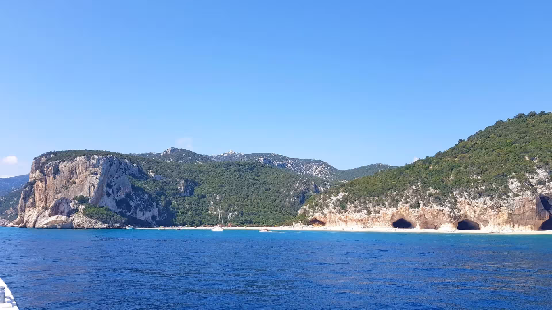 Scenic coastal landscape near Cala Luna with rugged cliffs, dense greenery, and deep blue sea under a bright sky.