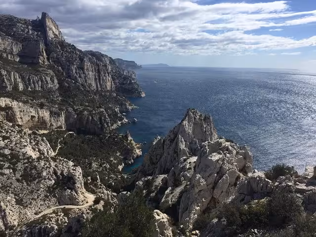 Dramatic Calanques cliffs near Cassis overlooking the Mediterranean, coastal viewpoint on Cassis Bandol wine tour