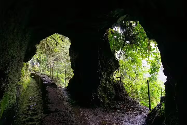 Mysterious tunnel entrance along the Caldeirão Verde Levada, offering an adventurous path through lush vegetation.