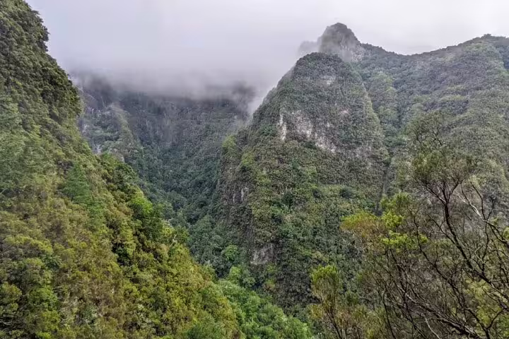 Breathtaking view of lush green mountains shrouded in mist on the Caldeirão Verde Levada hike path in Madeira.