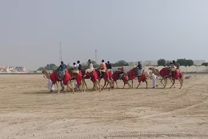 Tourists enjoying a traditional camel ride across vast desert landscapes during an authentic safari experience.