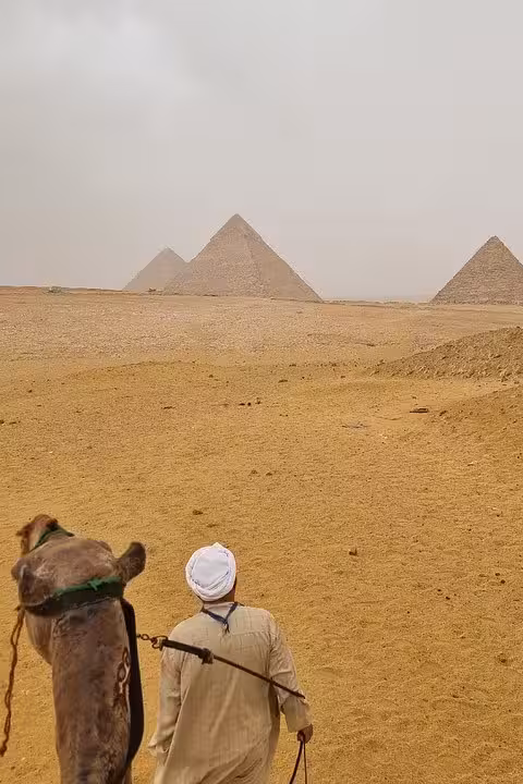 Camel ride with guide near the Giza Pyramids, a highlight of a full-day private Giza and Saqqara tour