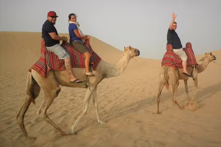 Riders enjoy a camel trek across stunning desert dunes on a guided safari adventure.