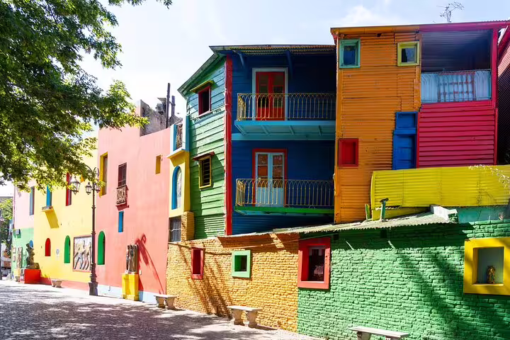 Colorful Caminito street houses in La Boca, Buenos Aires, on a private half-day sightseeing tour