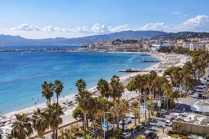 Stunning beachside view of Cannes with palm trees lining the promenade, perfect for a luxury private tour.