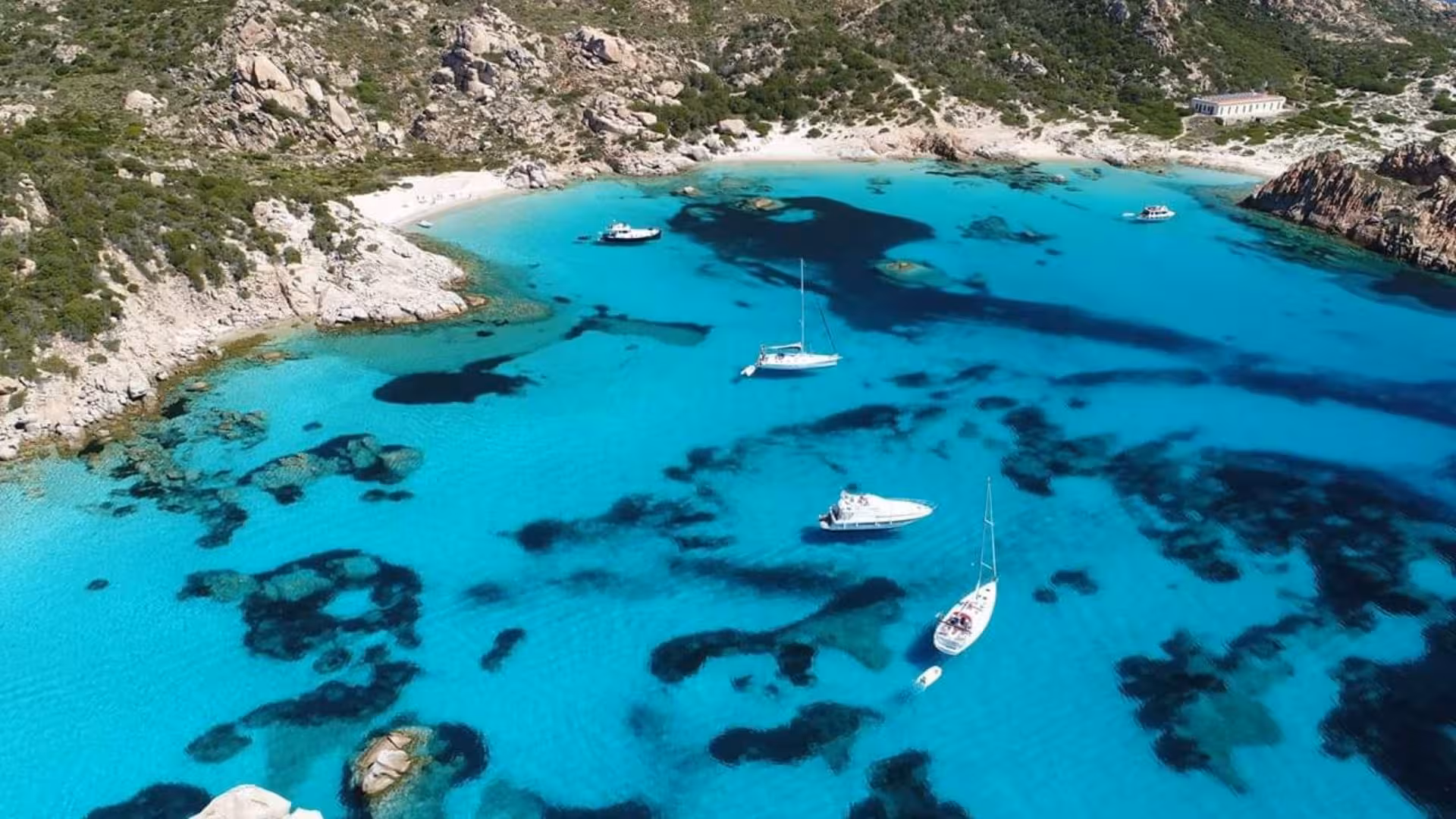 Scenic view of sailboats in a turquoise bay surrounded by rocky coastline in La Maddalena Archipelago, perfect for a sailing tour.