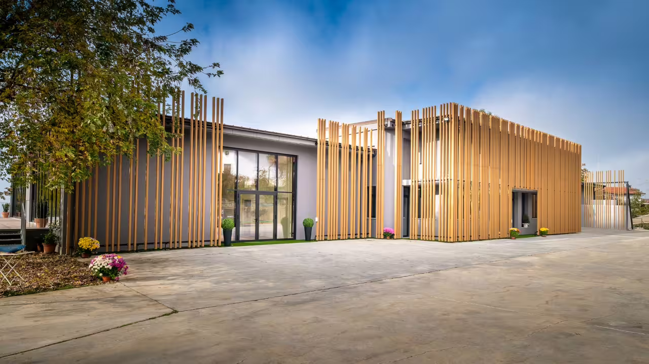 Modern Cantina Moscone winery exterior in Piedmont, meeting point for dynamic wine tasting tour