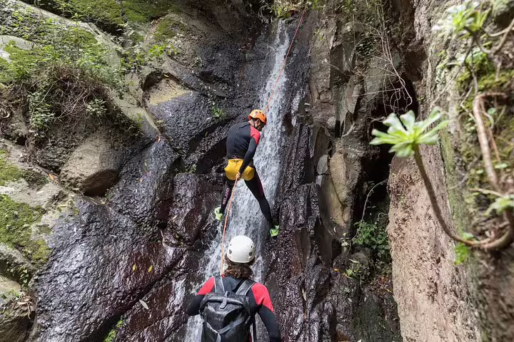 Canyoning enthusiasts rappelling down a steep waterfall in a dense, green rainforest, highlighting an exciting eco-tourism experience.
