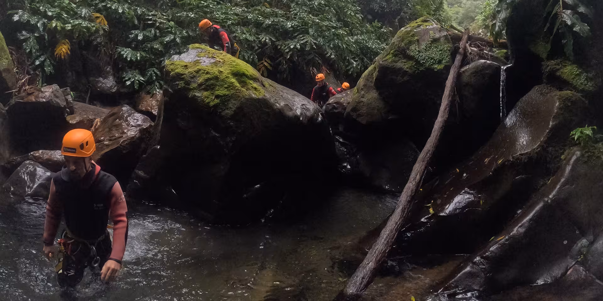 Canyoning group in helmets wading through a lush gorge at Salto do Cabrito, São Miguel Azores