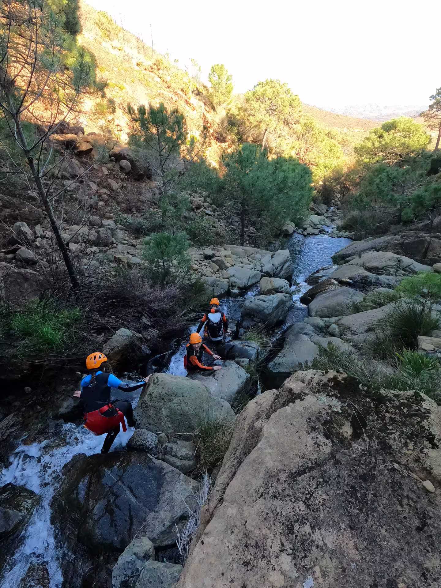 Adventurers canyoning through rocky terrain in Sierra Bermeja, Estepona, surrounded by lush nature and flowing water.