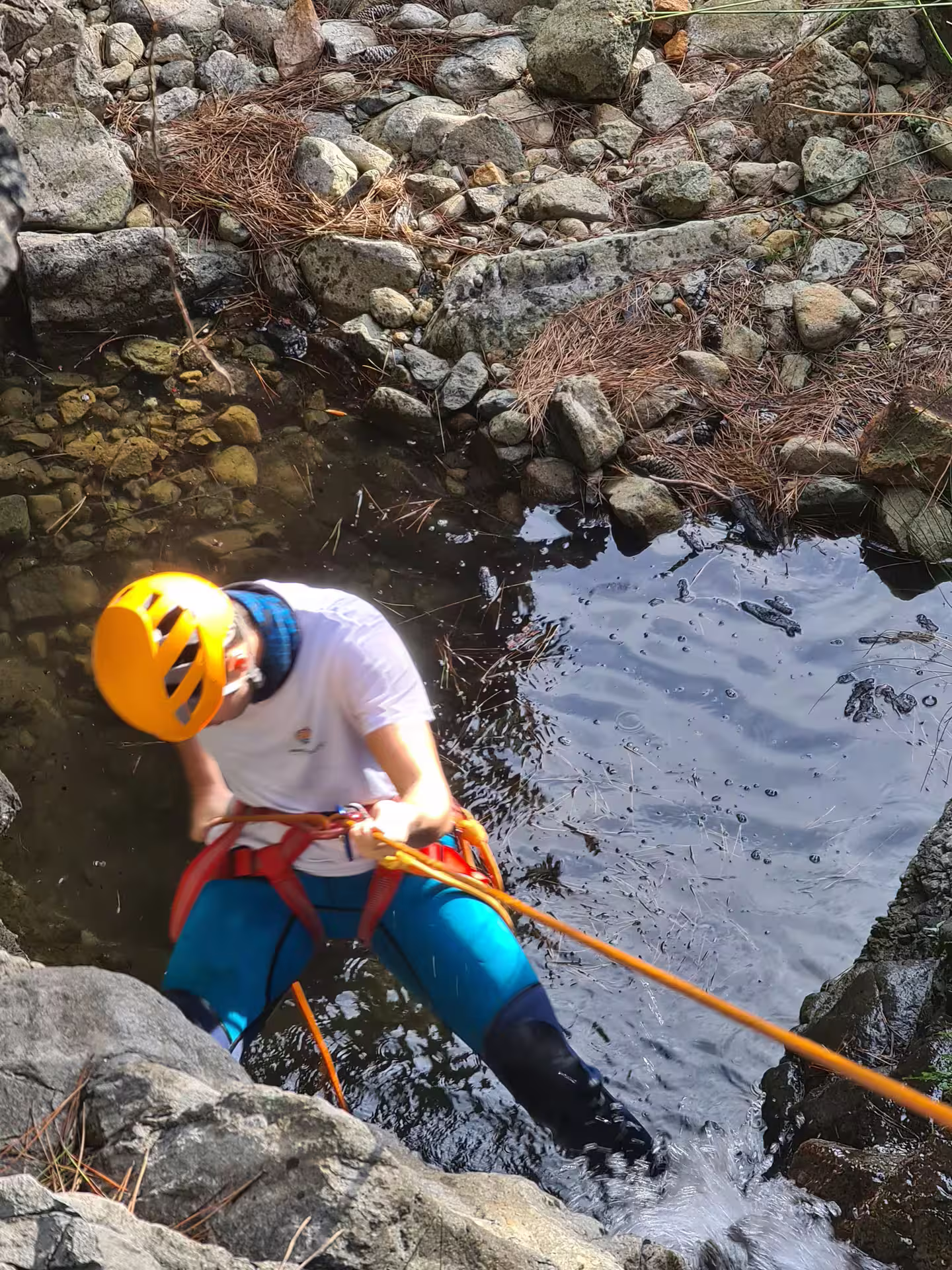 Canyoning enthusiast descends a rocky cliff face above a serene pool in Sierra Bermeja, Estepona adventure tour.