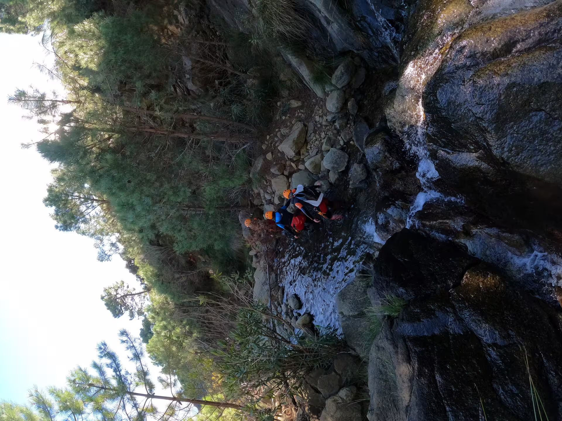Two explorers navigating a stream in Sierra Bermeja's lush canyon, Estepona, with sunlight filtering through trees.