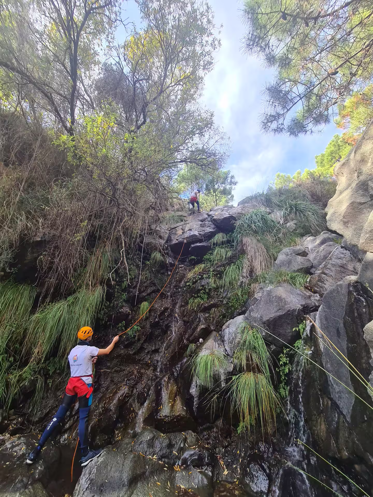 Canyoning enthusiasts rappelling down a steep waterfall in Sierra Bermeja, Estepona, amidst vibrant greenery and rugged rocks.