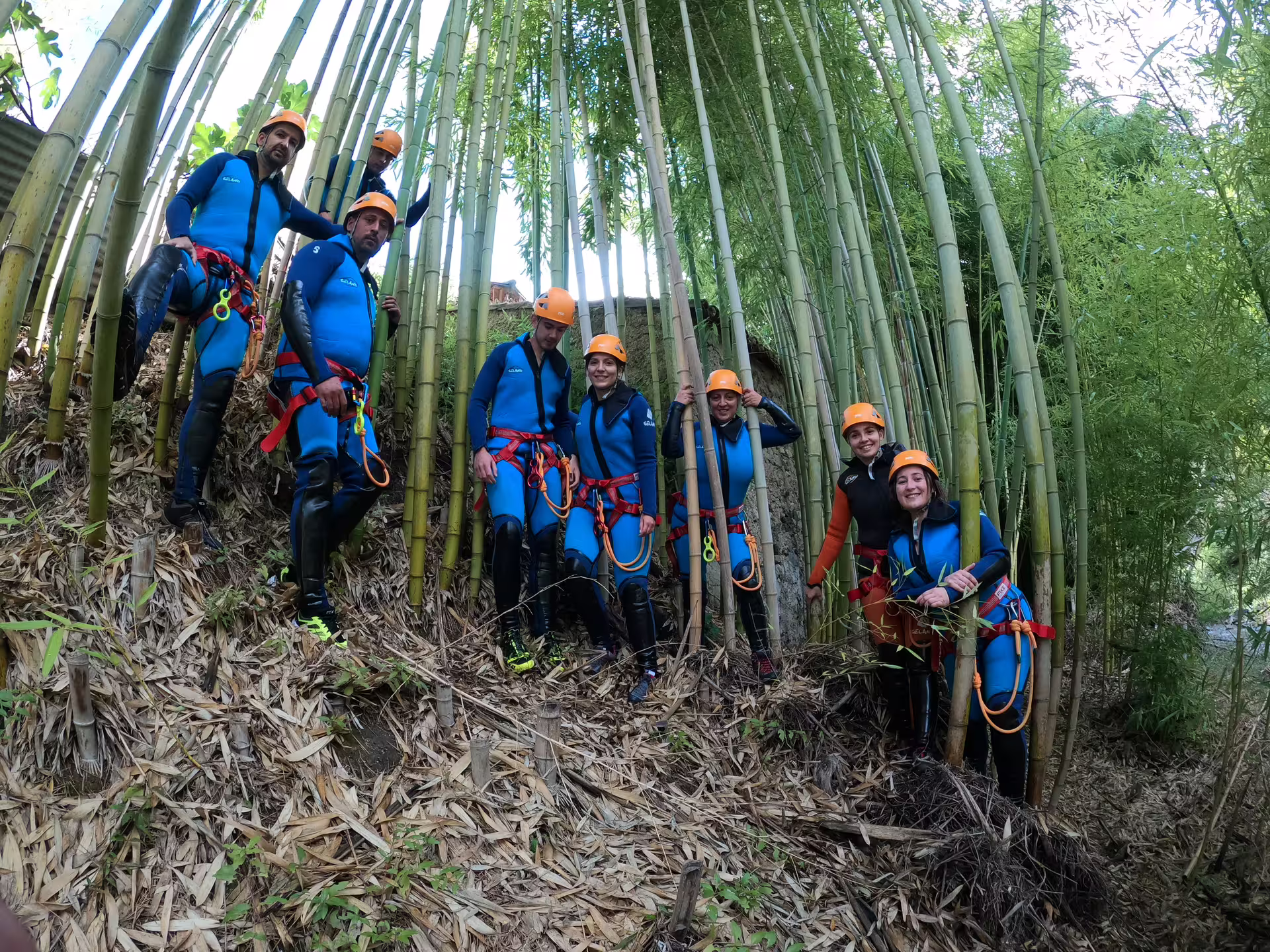 Group of adventurers in wetsuits and helmets stand among tall bamboo on the Canyoning Sima del Diablo tour near Estepona.