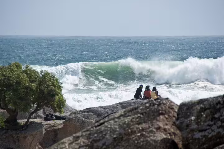 Travelers watching powerful Atlantic waves from rocky shore on a Cape Peninsula day tour from Cape Town