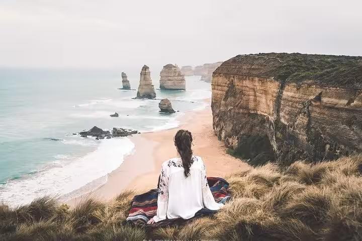 Person sitting on a grassy cliff overlooking the scenic coastline, ideal for Cape Point and Cape of Good Hope tour experience.