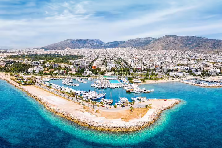 Aerial view of Athenian Riviera marina and coastline, scenic stop on Cape Sounio private tour