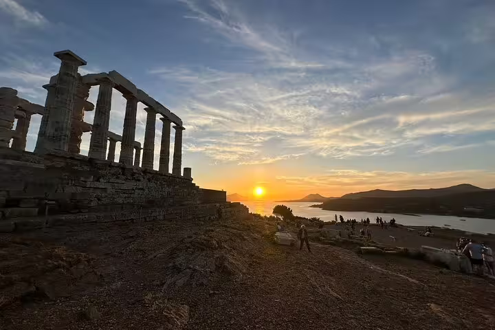 Sunset at Temple of Poseidon, Cape Sounio on a private Athenian Riviera tour from Athens
