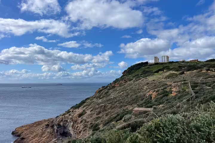Cape Sounio cliffside view on a private Athenian Riviera tour, with Temple of Poseidon ruins above the sea