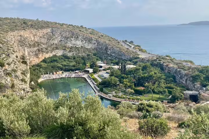 Scenic stop on Cape Sounio private tour, lagoon and coastline views along the Athenian Riviera, Greece