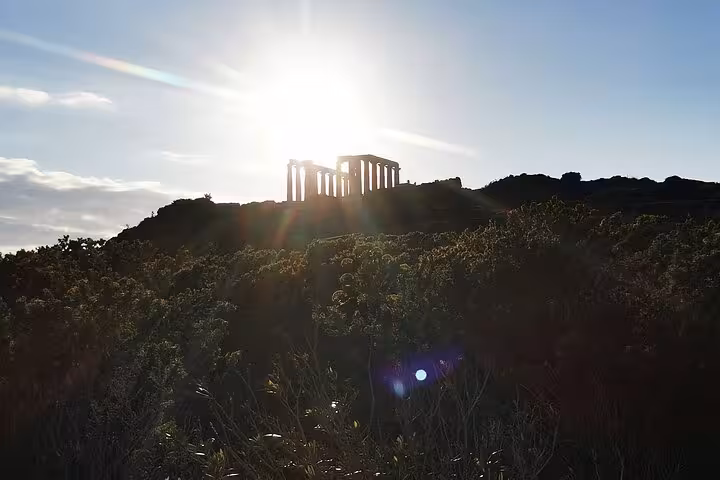 Sunset view of Cape Sounio Temple of Poseidon on a private luxury Athens Riviera day trip by car