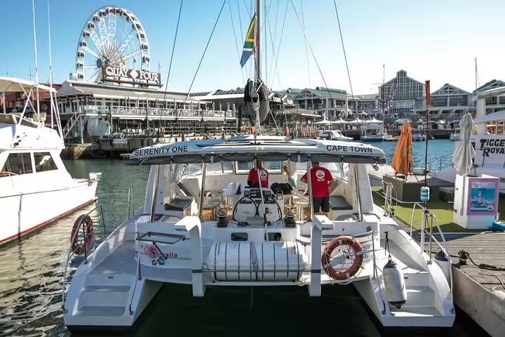 Luxury catamaran docked at Cape Town's V&A Waterfront, ready for a scenic sunset cruise with city views.