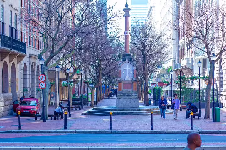 Scenic view of a tree-lined street in Cape Town with historic architecture on the guided city tour route.