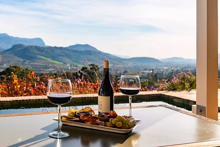 Wine and cheese pairing overlooking stunning Cape Town winelands on a private tasting tour.