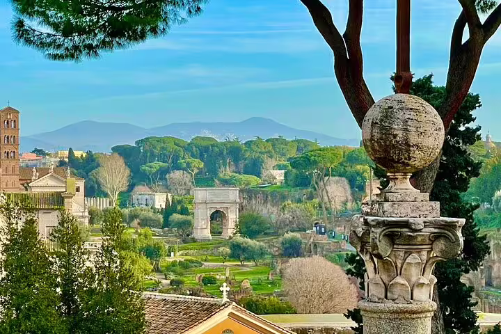 Scenic overlook from Capitoline Hill across Roman Forum ruins, Arch of Septimius Severus and distant hills on private Rome tour