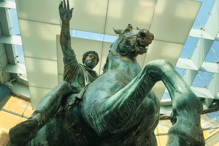 Close-up of ancient bronze equestrian statue inside Rome’s Capitoline Museums on a private guided art history tour