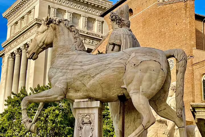 Ancient marble horse and rider statue on Capitoline Hill in Rome, seen on a private Capitoline Museums tour with panoramic views