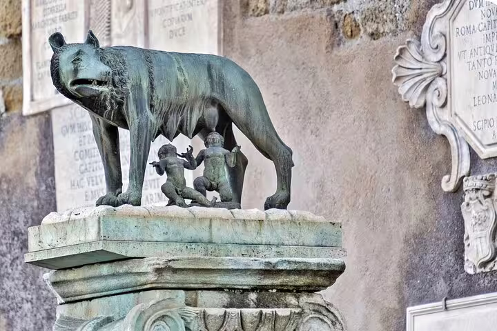 Ancient Capitoline Wolf bronze sculpture with Romulus Remus highlights Rome self guided audio tour