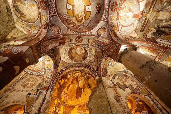 Frescoed ceiling inside a Cappadocia cave church in Goreme Open Air Museum on Istanbul to Cappadocia tour