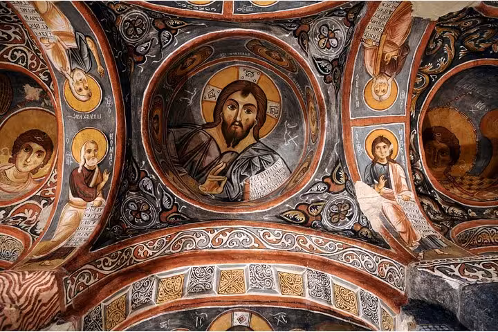 Cappadocia cave church frescoes with Byzantine Christ dome, featured on 9-day Mesopotamia private tour