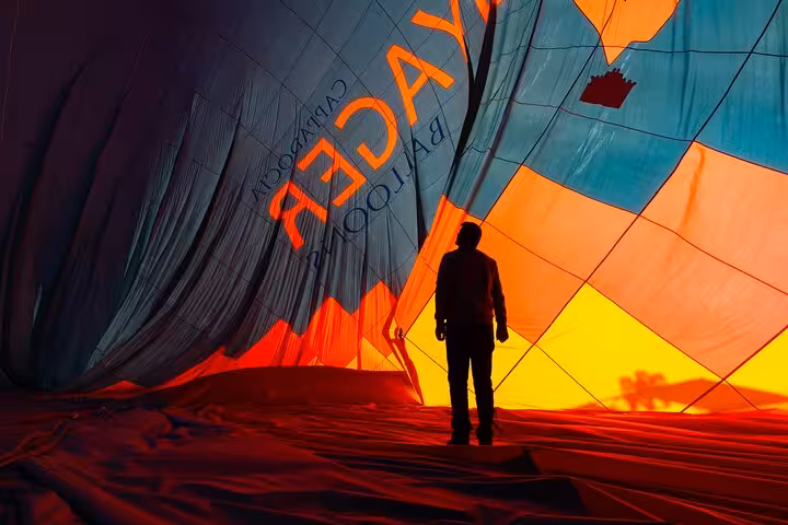 Traveler inside a colorful hot air balloon during Cappadocia sunrise flight on 2-day 1-night Istanbul plane tour
