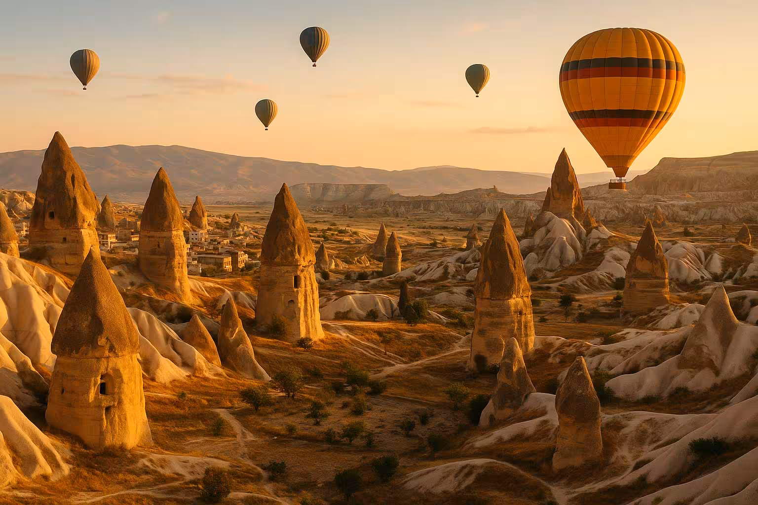 Cappadocia sunrise hot air balloons over fairy chimneys, highlight of 9-day Turkey tour from Istanbul to Ankara