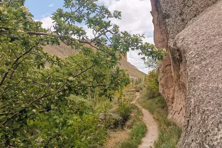Scenic hiking trail beside volcanic rock walls in a hidden Cappadocia valley on a private full-day tour
