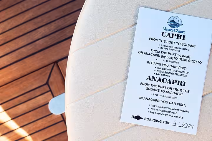 Boat itinerary card detailing Capri excursion highlights, including Blue Grotto and Anacapri visits from Amalfi.
