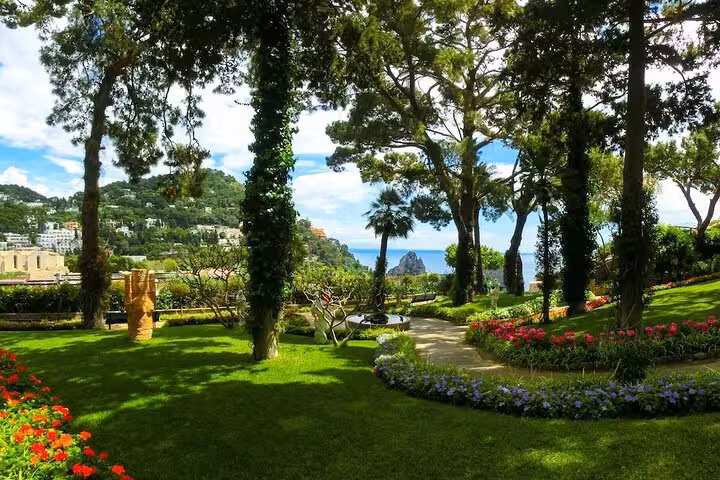 Lush gardens overlooking the vibrant coastline of Capri, perfect for a serene Naples hydrofoil tour.