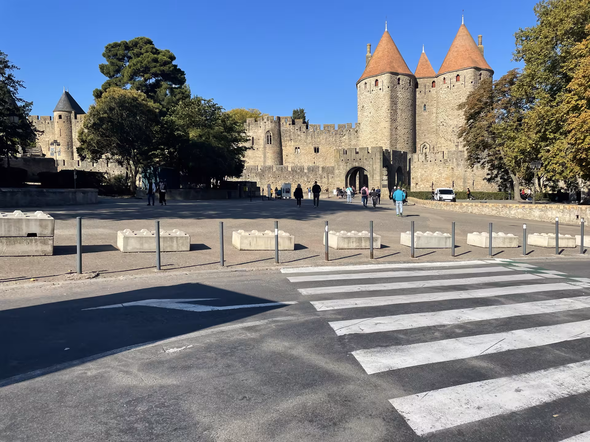 Carcassonne medieval fortress walls and towers on private shore excursion from Sète to Narbonne and Carcassonne