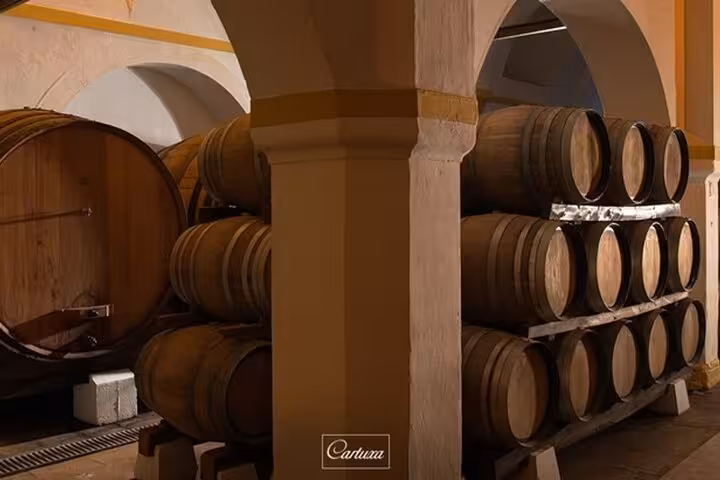 Stacked wine barrels in the historic Cartuxa Winery cellar in Évora, included in the Lisbon day tour itinerary.