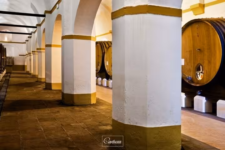 Interior of Cartuxa Winery showcasing large wooden wine barrels in Évora, as part of the full-day private tour from Lisbon.